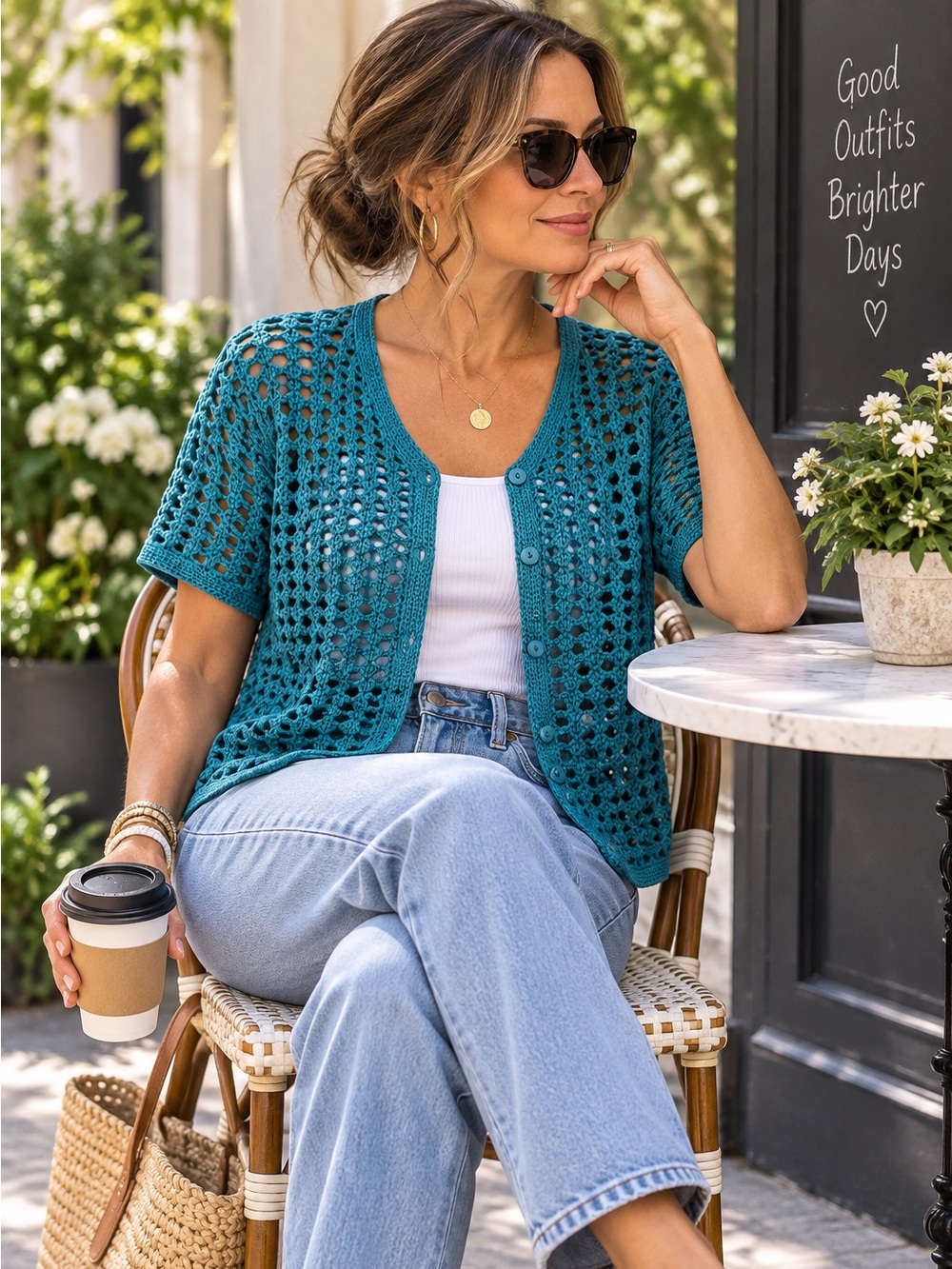 Norton McNaughton Teal Crochet Open Knit Cardigan Ramie Cotton M